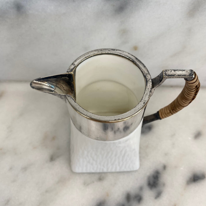 Wedgwood British Porcelain & Silver Plate Cream Pitcher with Wicker Handle