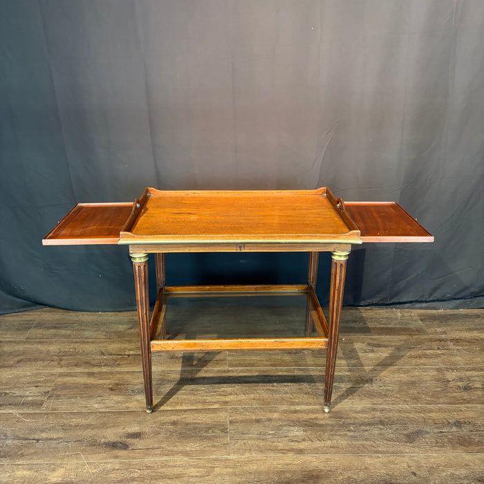 Antique French Bar Cart or Drinks Trolley with Pull-Out Leaves, Glass Shelf and Fluted Legs