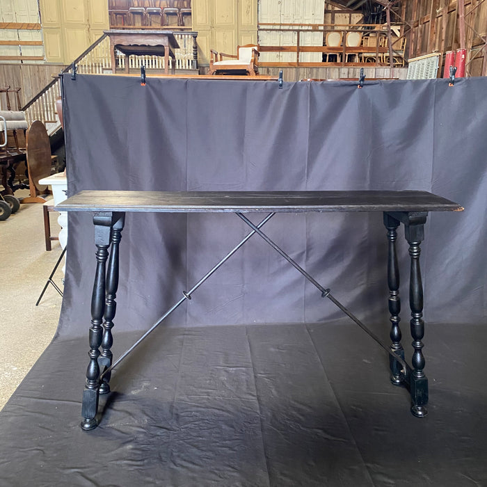 Pair of Ebony Spanish Console Table with Turned End Supports Joined by Iron Stretchers