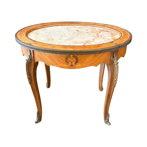 Antique French Louis XV Oval Marble Top Coffee Table, Cocktail or Side Table with Inlay, Marquetry and Bronze Mounts