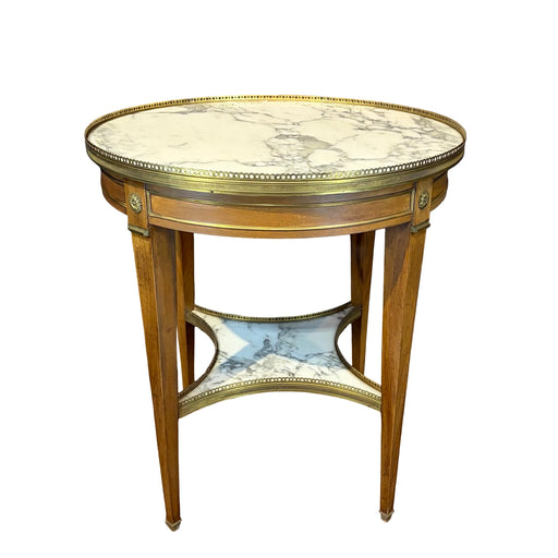 Antique French Bouillotte Round Side Table with Marble Top, Marble Stretcher and Brass Gallery