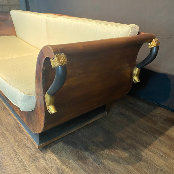 Period French Empire Mahogany and Ebony Gilded Neoclassical Sofa with Carved Gold Swan Figurines