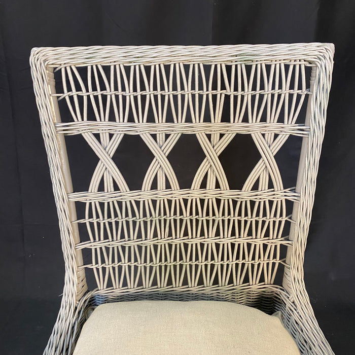 Set of 4 Vintage Open Weave Classic Coastal Maine Wicker and Bamboo Dining Chairs or Side Chairs with Down Cushions