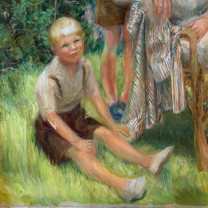 Impressionist Oil Painting: Listed Maine Artist Emily Muir (1904–2003) Large Figural Garden Scene with Mother and Children, Oil on Canvas