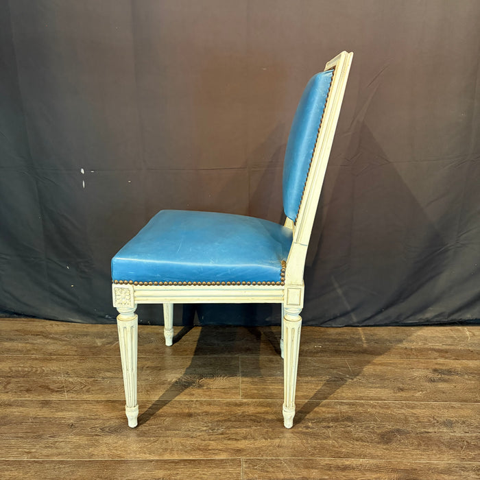Set of Eight French Louis XVI Painted Dining Chairs in Blue Leather Circa 1920