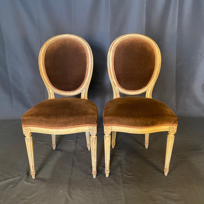 Set of 2 French Louis XVI Oval Back Carved Wood Mohair Upholstered Dining or Side Chairs