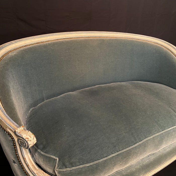 Antique French Louis XVI Sofa, Loveseat or Settee in Original White Paint and Blue Mohair Upholstery