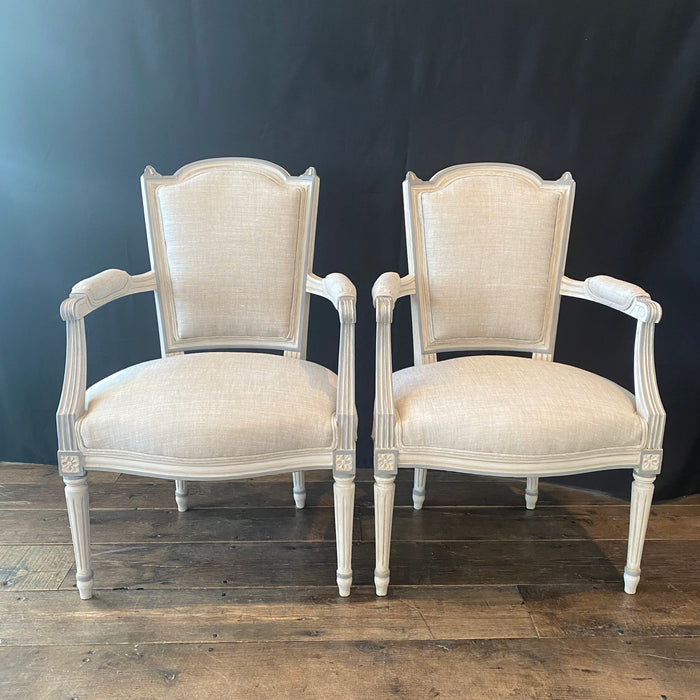 Pair of Antique French Louis XVI Neoclassical Painted Armchairs or Fauteuils