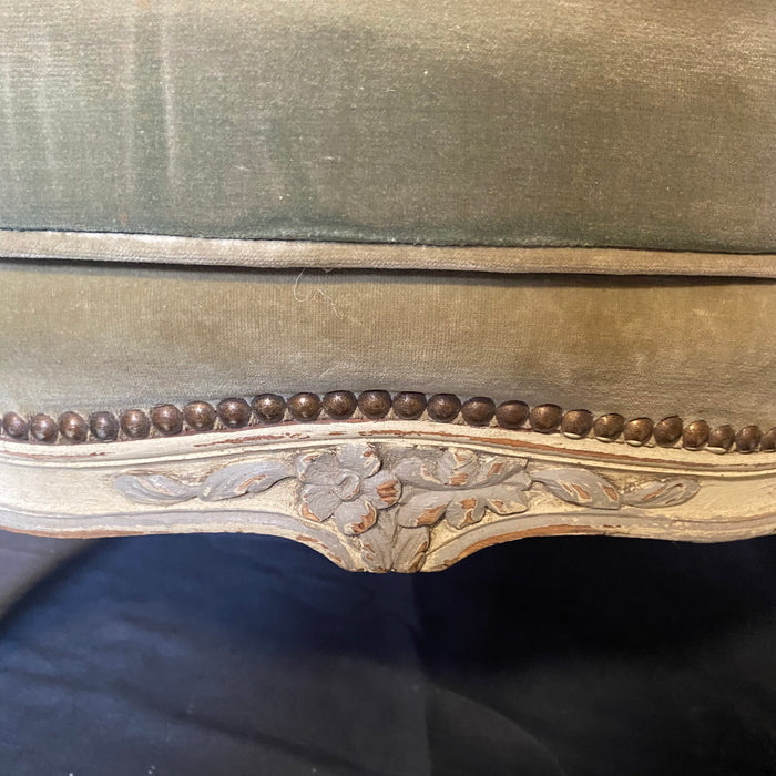 Pair of Period Carved French Louis XV Moss Green Original Mohair Armchairs or Bergeres in Original Paint with Brass Beading