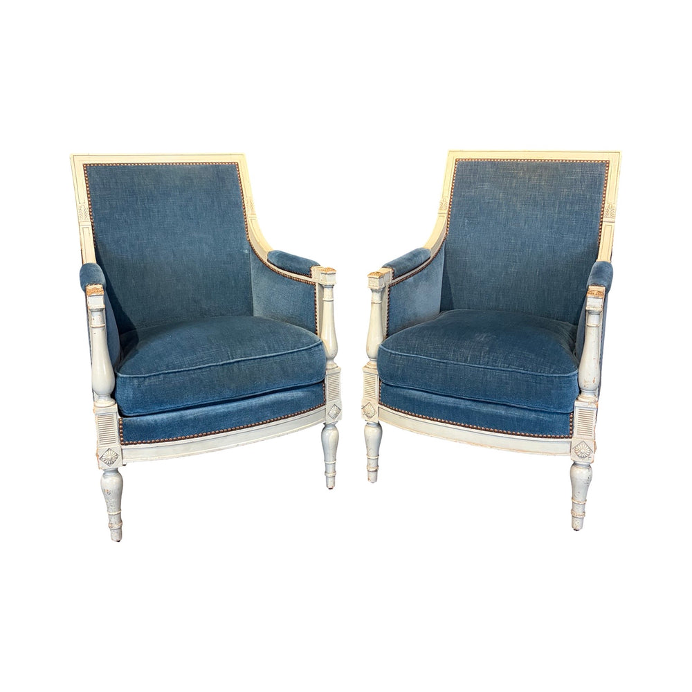 Pair of Antique French Neoclassical Painted Armchairs or Bergères in Blue Mohair