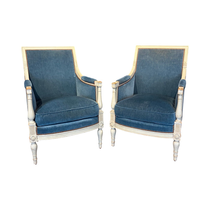 Pair of Antique French Neoclassical Painted Armchairs or Bergères in Blue Mohair