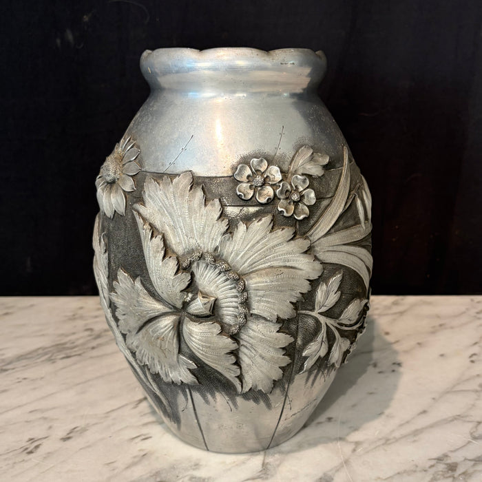 French Art Deco Pewter Floral Vase Signed by Lucien Houzeaux