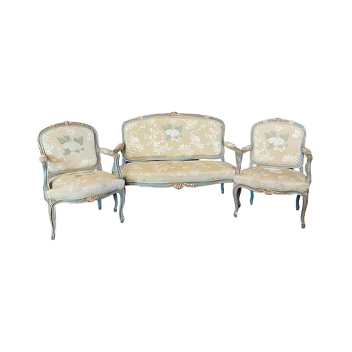 French Louis XV Painted Sofa and Two Fauteuils or Armchairs Parlor or Salon Set from St. Tropez, France