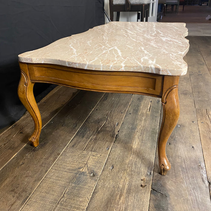 French Louis XV Style Walnut and Marble Top Coffee Table