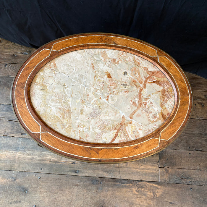 Antique French Louis XV Oval Marble Top Coffee Table, Cocktail or Side Table with Inlay, Marquetry and Bronze Mounts