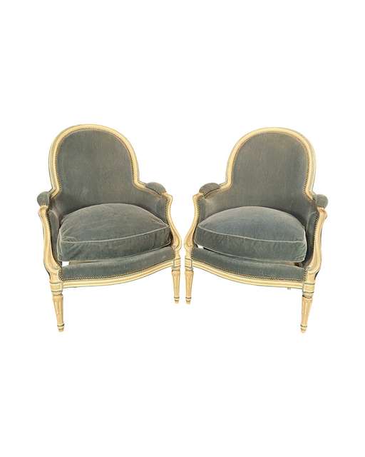 Pair of Antique French Louis XVI Armchairs or Bergere Chairs in Original White Paint and Blue Mohair Upholstery