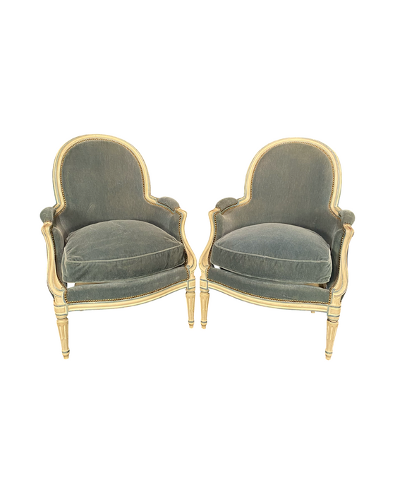 Pair of Antique French Louis XVI Armchairs or Bergere Chairs in Original White Paint and Blue Mohair Upholstery