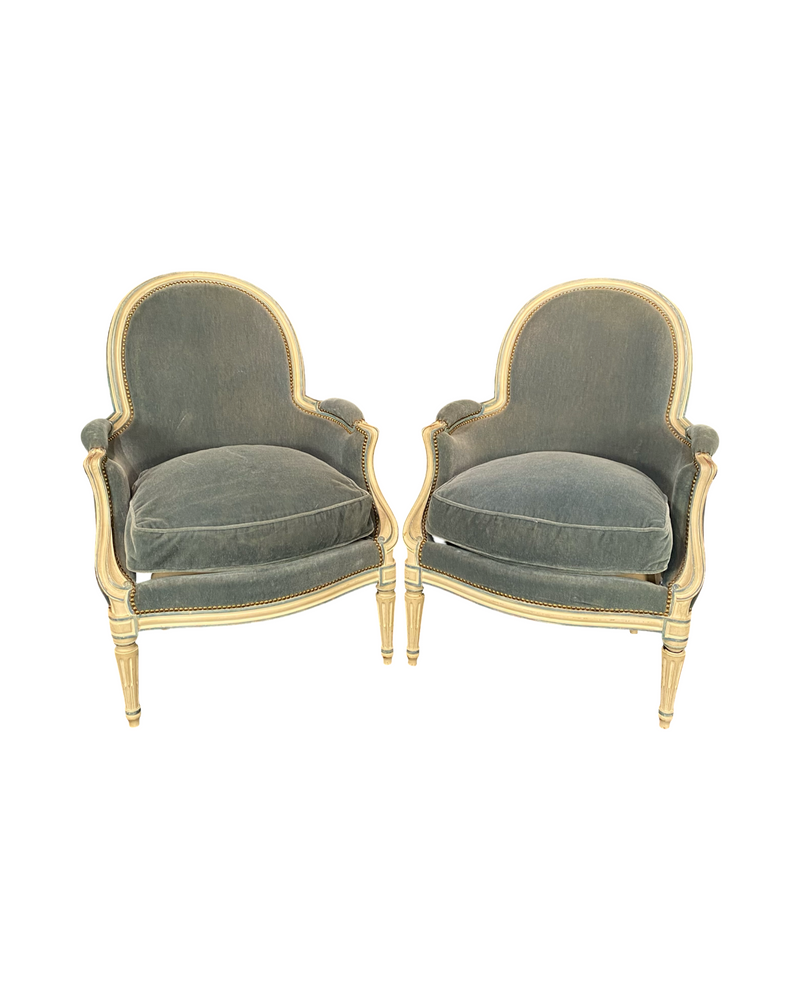 Pair of Antique French Louis XVI Armchairs or Bergere Chairs in Original White Paint and Blue Mohair Upholstery