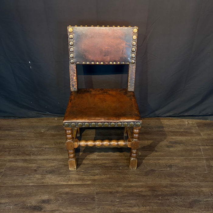 French Antique Set of Leather and Nailhead Dining Chairs with Bobbin Legs
