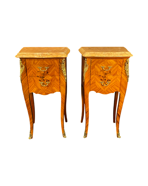 French Louis XV Pair Marble Top Nightstands or Side Tables Mid 20th Century