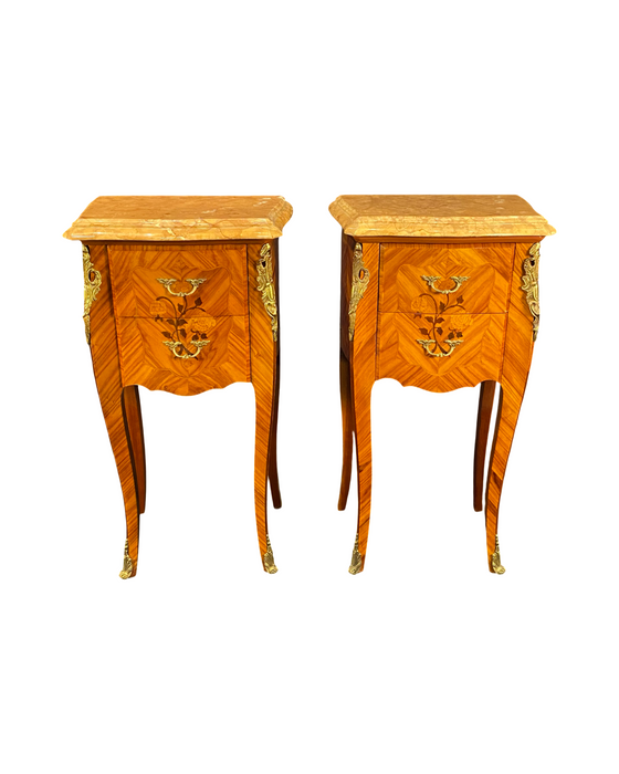 French Louis XV Pair Marble Top Nightstands or Side Tables Mid 20th Century