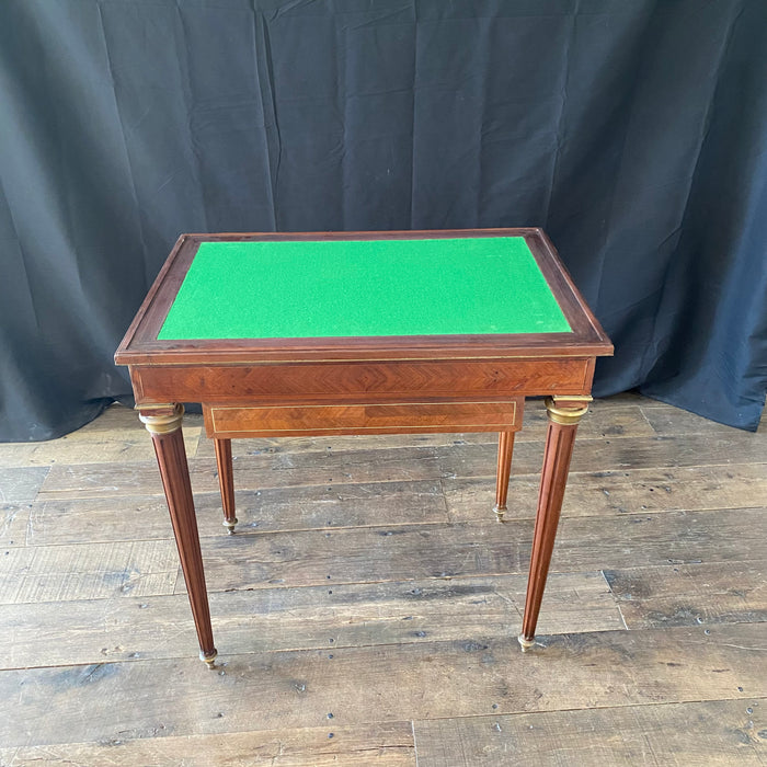 French Inlaid Game Table with Reversible Felt Top and Original Backgammon and Other Game Pieces