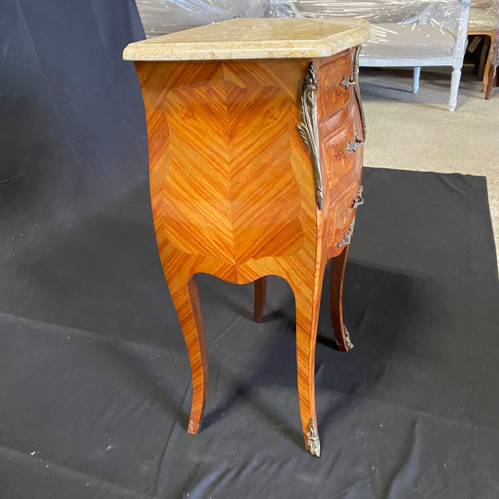 Pair French Louis XV Marble Topped Nightstands or Side Tables with Marquetry and Herringbone Inlay