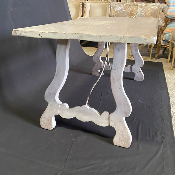 19th Century Cerused White Washed Spanish Dining or Trestle Table or Desk with Forged Iron Stretchers