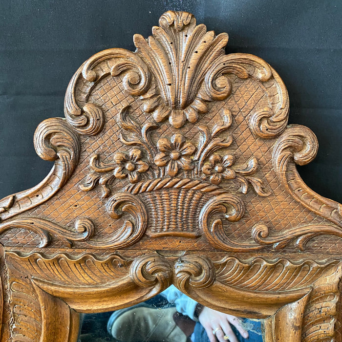 19th Century French Carved Provincial Wooden Walnut Mirror with Floral and Wave Motif