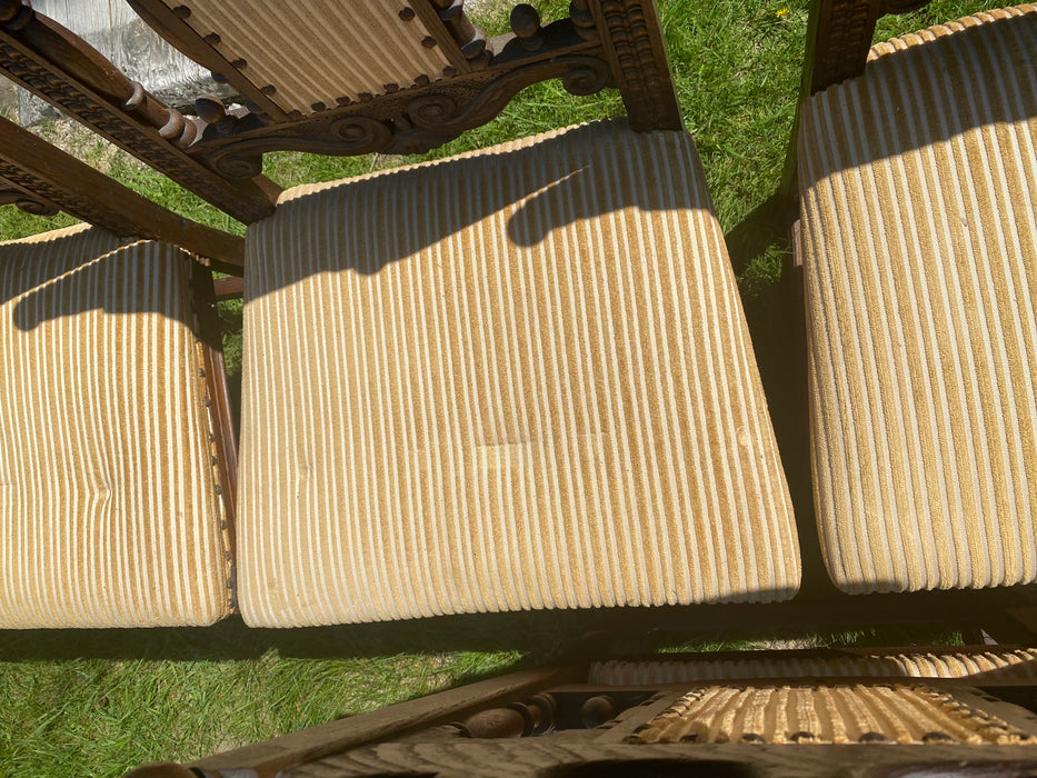 Antique Set of 8 British Jacobean Style Carved Oak Dining Chairs: 2 Arm Chairs and 6 Side Chairs