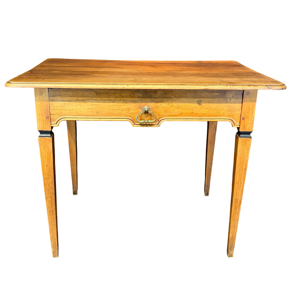 Antique French Neoclassical Fruitwood Side Table or Desk with Drawer and Brass Ring Pull
