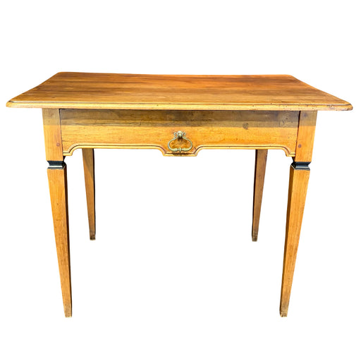Antique French Neoclassical Fruitwood Side Table or Desk with Drawer and Brass Ring Pull
