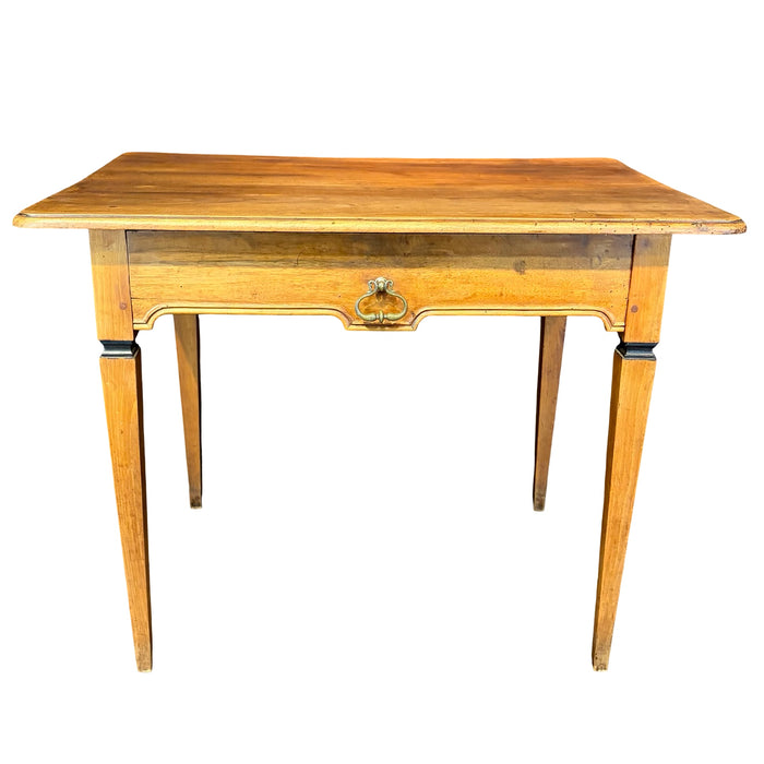 Antique French Neoclassical Fruitwood Side Table or Desk with Drawer and Brass Ring Pull
