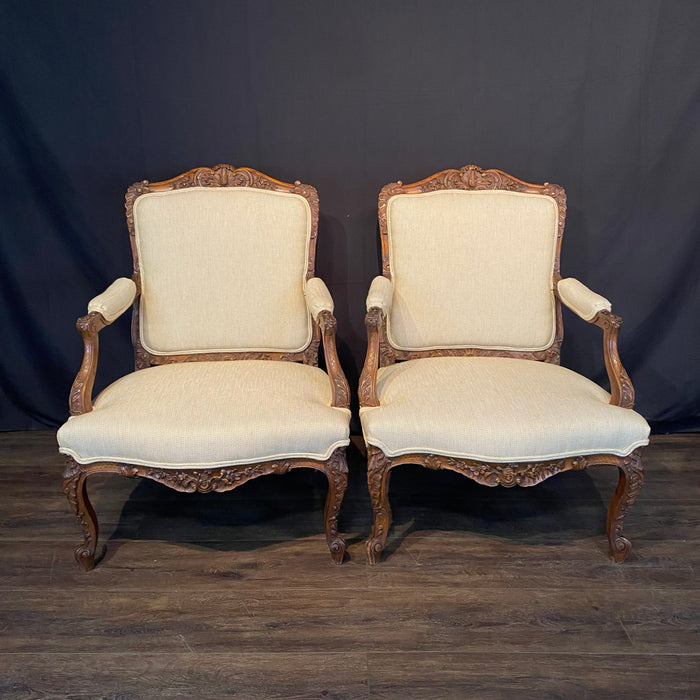 Fine Pair of 19th Century French Louis XV Period Carved Walnut Armchairs or Fauteuils