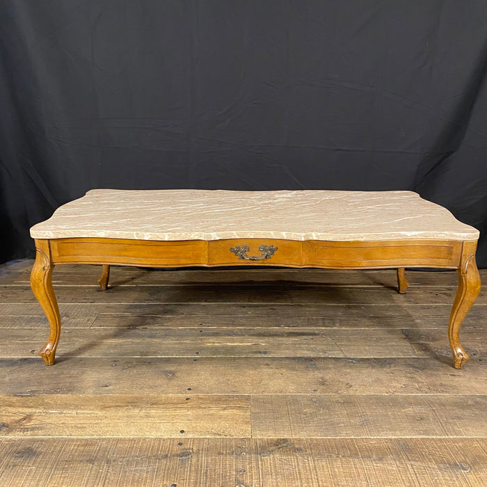 French Louis XV Style Walnut and Marble Top Coffee Table