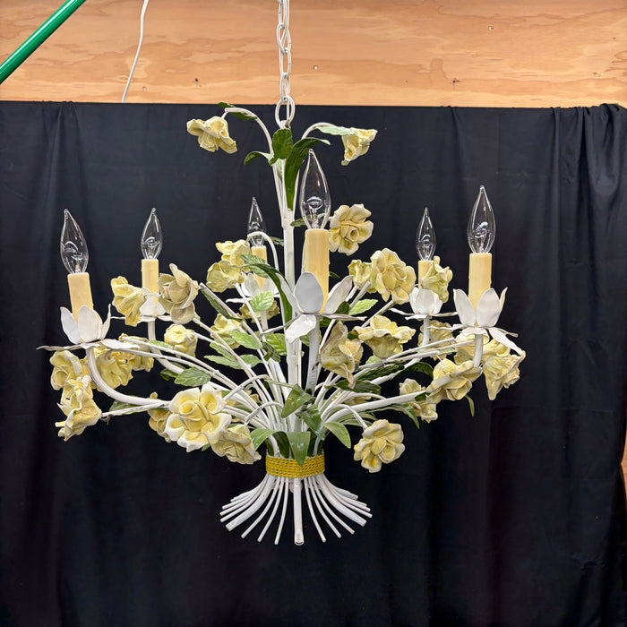 Vintage Italian Style Tole Painted Floral 6-Arm Chandelier With Rose Flowers and Leaves