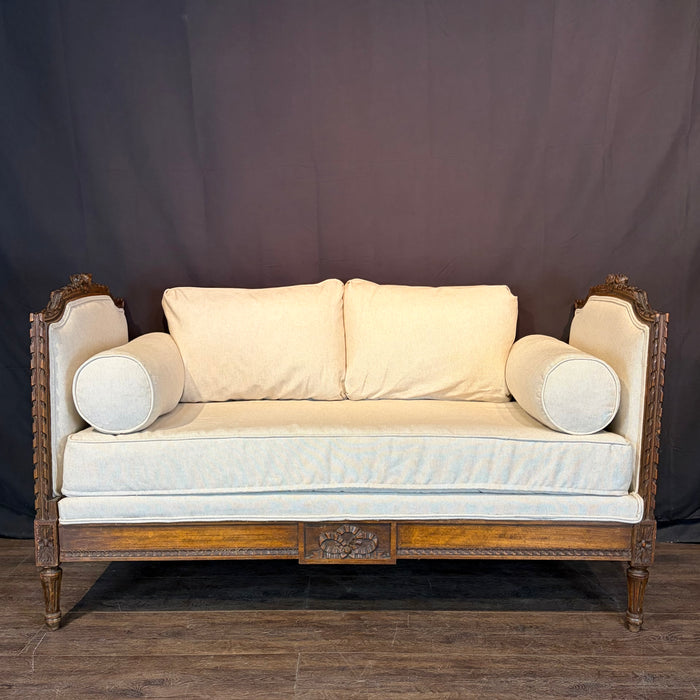 Antique French Louis XVI Carved Walnut Expandable Daybed, Settee and Guest Bed with Neutral Upholstery