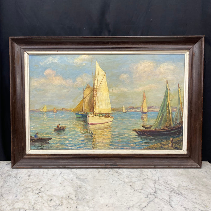 Mid-Century French Impressionist Oil Painting of Sailboats in a Harbor, Signed Gautier