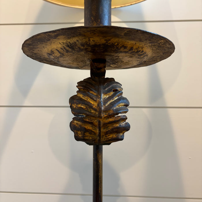 Antique French Baroque Revival Gilt Metal Floor Lamp with Wrought Iron Scroll Base and Decorative Foliate Detail