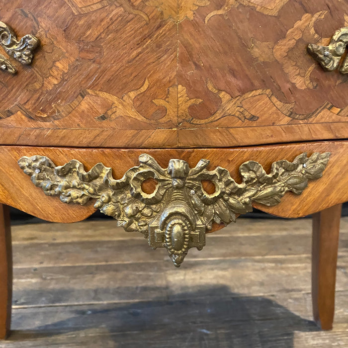 French Louis XV Inlaid Walnut and Fruitwood Petite Commode, Side Table or Nightstand with Marble Top, Hoof Feet and Exquisite Marquetry
