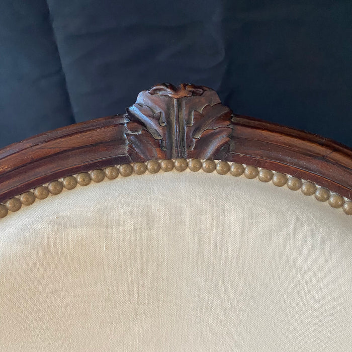 French Pair Louis XVI Carved Mahogany Fauteuil Arm Chairs