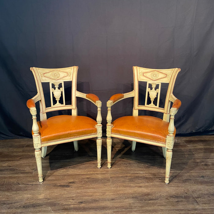 Spectacular Pair of French Neoclassical Figural Leather Armchairs or Fauteuils with Original Paint