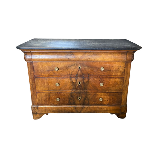 French Neoclassical 19th Century Walnut Marble Top Commode, Chest of Drawers or Dresser with Intricate Brass Pulls