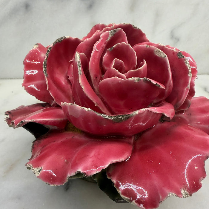 Antique French Pink Porcelain Rose Flower Sculpture with Green Leaves