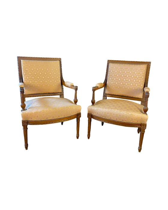 Pair of French Louis XVI Hand Carved Walnut Armchairs or Fauteuils Late 19th/Early 20th Century