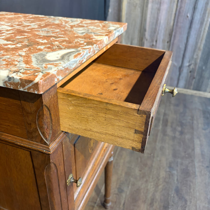 Pair of French Louis XVI Revival Oak Marble Top Nightstands with Floral Marquetry