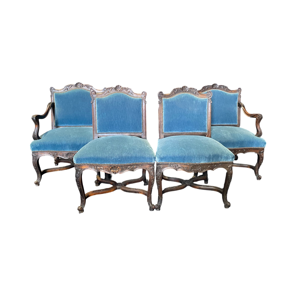 19th Century French Louis XV Chairs with Original Blue Mohair Upholstery: Set of 4 - 2 Armchairs and 2 Side Chairs