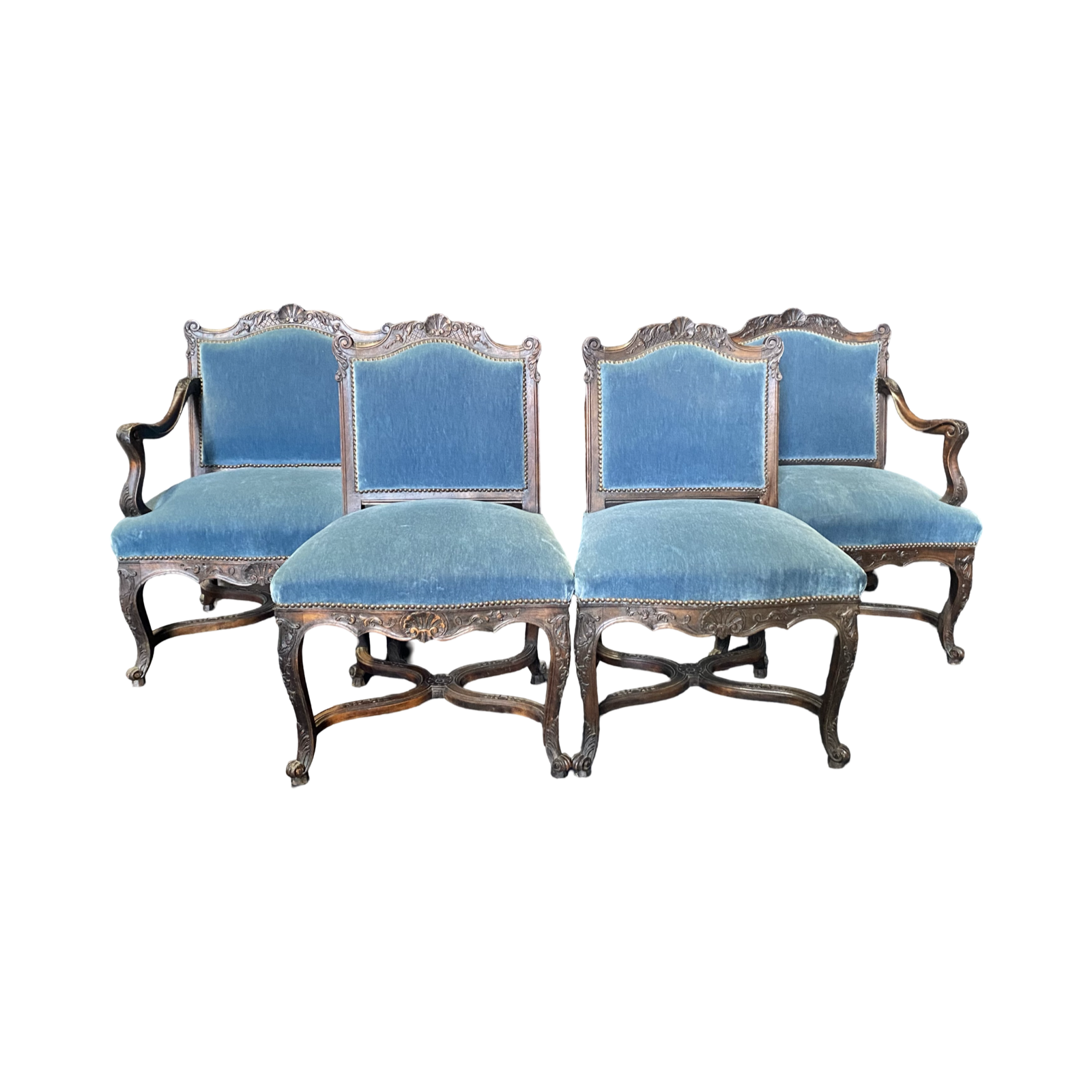 19th Century French Louis XV Chairs with Original Blue Mohair