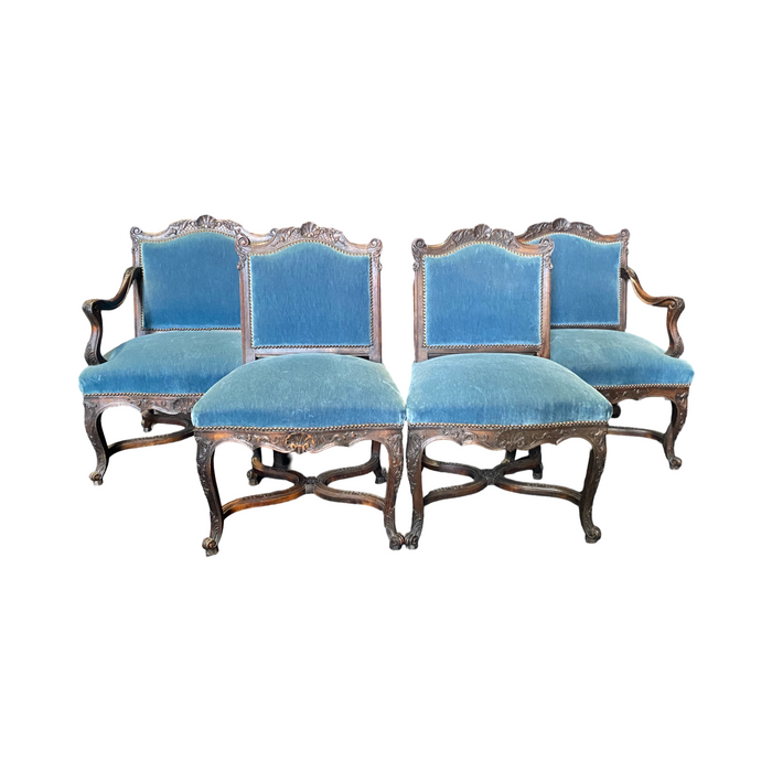 19th Century French Louis XV Chairs with Original Blue Mohair Upholstery: Set of 4 - 2 Armchairs and 2 Side Chairs