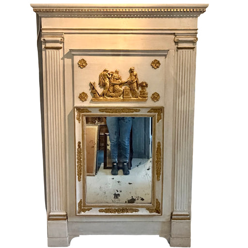 French Early 19th Century Louis XVI Period Trumeau Mirror with Pastoral Scene in Original Gold Gilt
